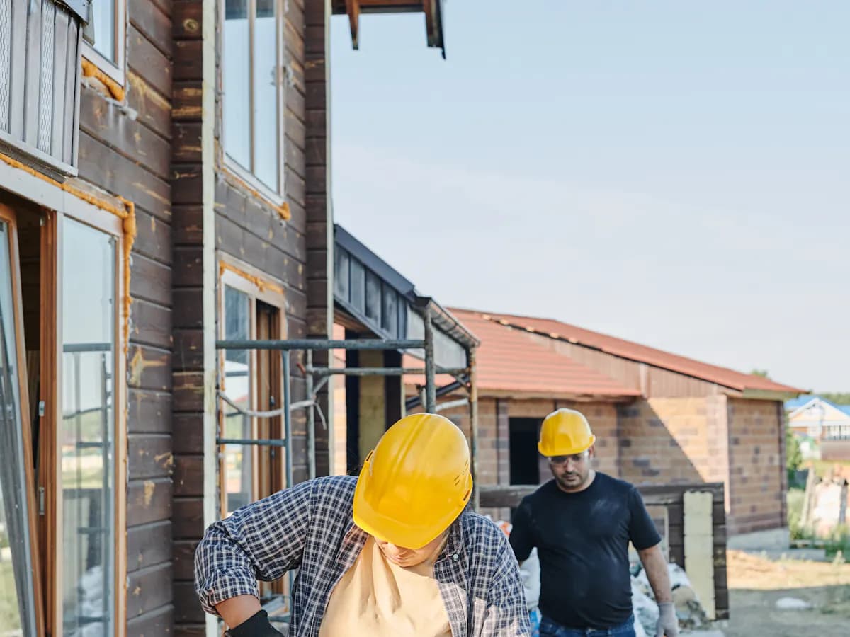 Residential construction site work with builders on a house project
